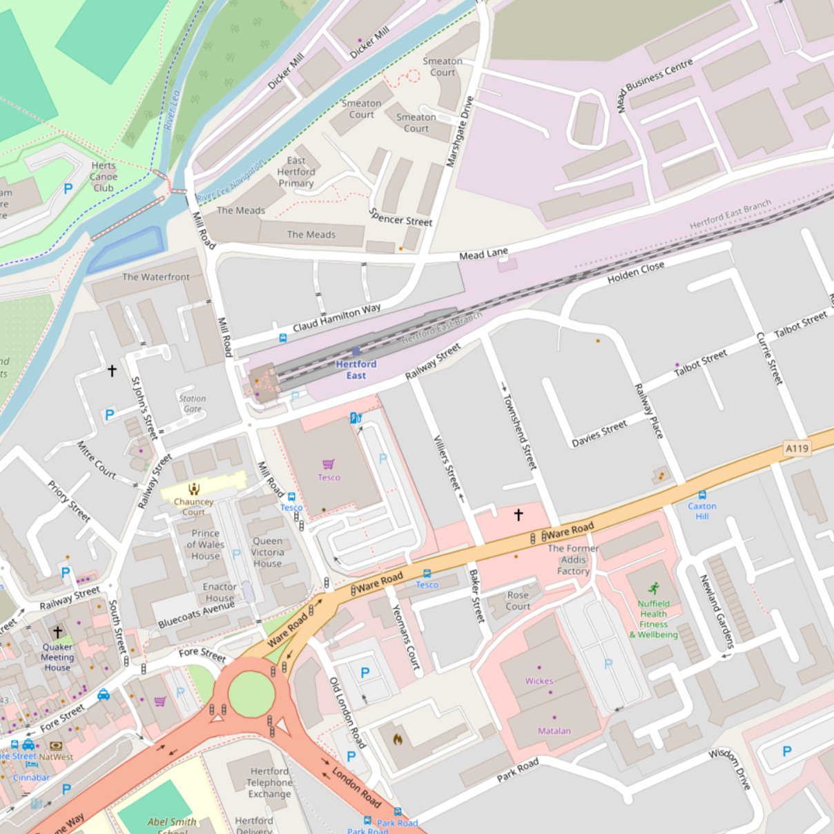 Map of area north of the A414 in Hertford