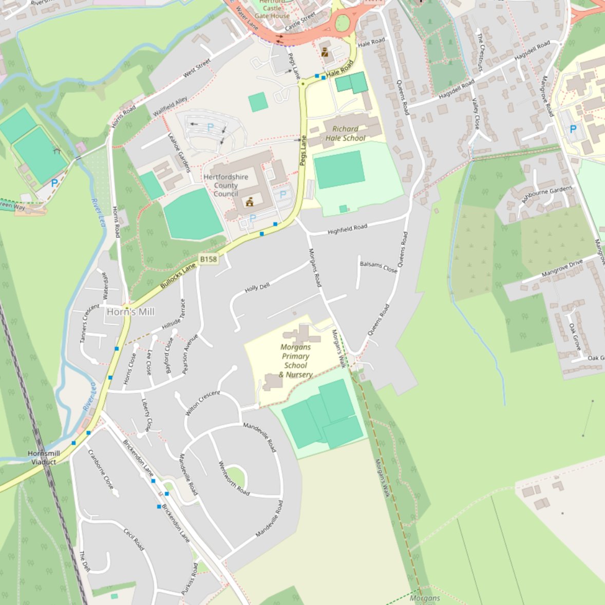Map of area south of the A414 in Hertford